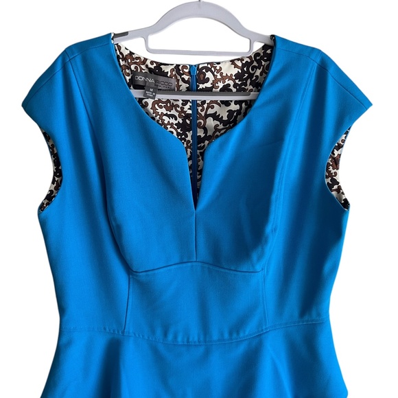 Vintage Donna Rico NY Blue dress w Flattering Peplum Brown Paisley Lining 14 - Picture 5 of 11